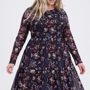 Torrid Womens 3X Floral Ruffle Mesh Midi Dress Black Multi Long Sleeves Lined